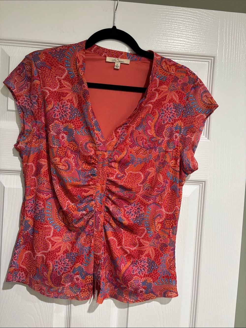 Bright Coral Paisley Ruched V-Neck Women's Top